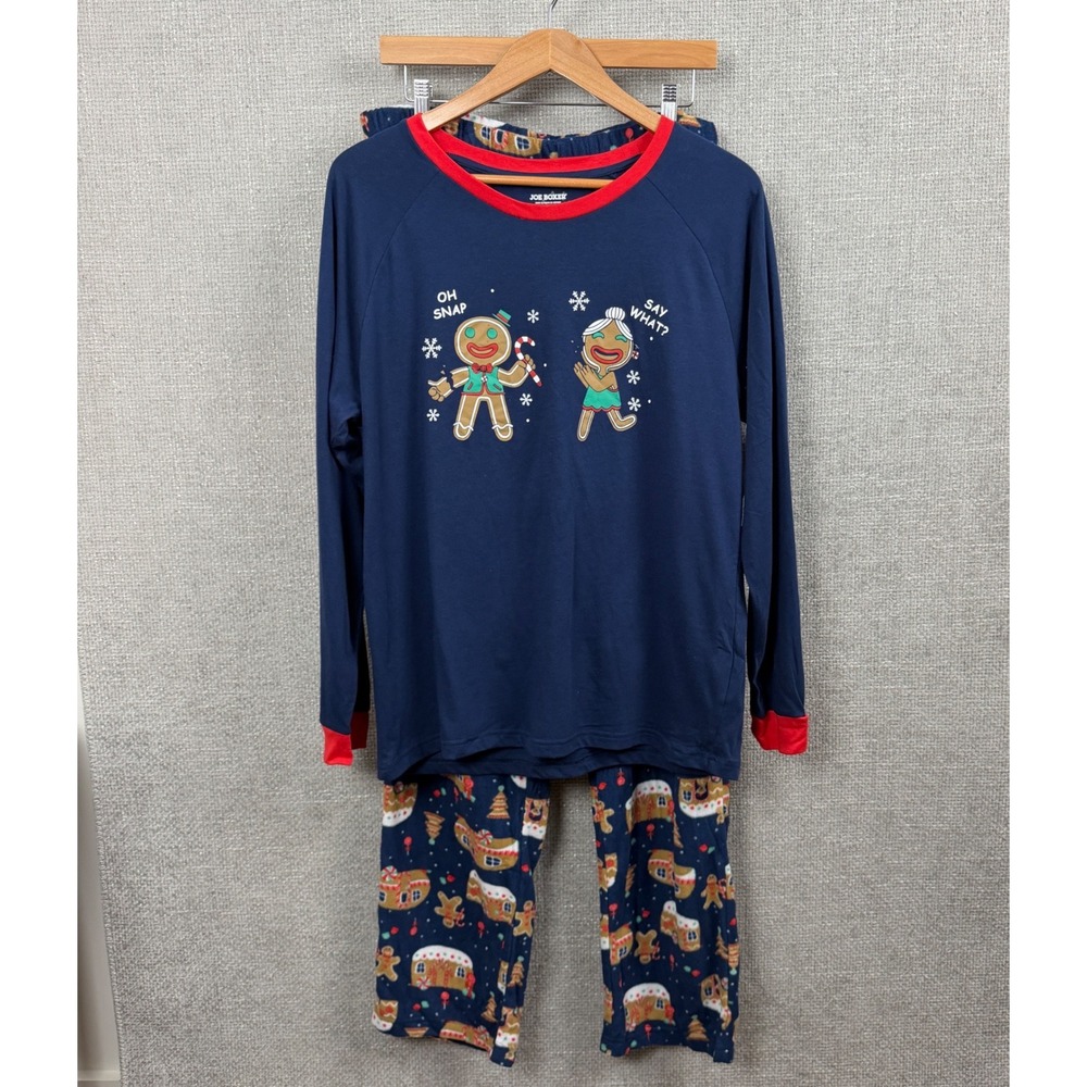 Joe Boxer 2pc Pajama Set Men L Blue Gingerbread Christmas Sleepwear Cotton Poly
